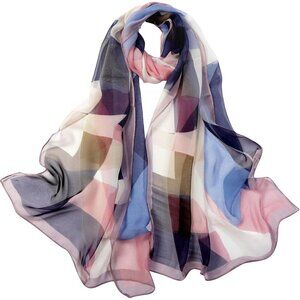 Women's Blue+pink Fashion Lightweight Head Scarf Floral Print Chiffon Scarves